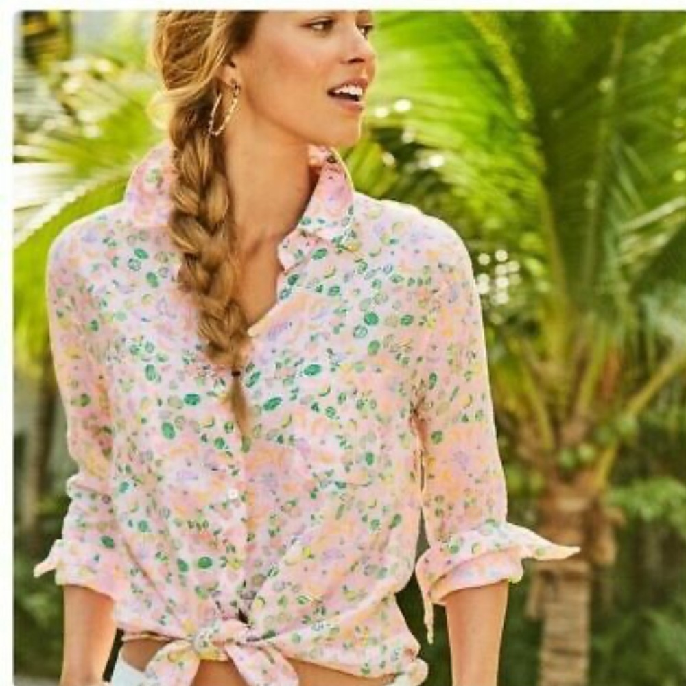 Lilly Pulitzer Linen Floral Fruit Pink Button-Up Shirt sz XS